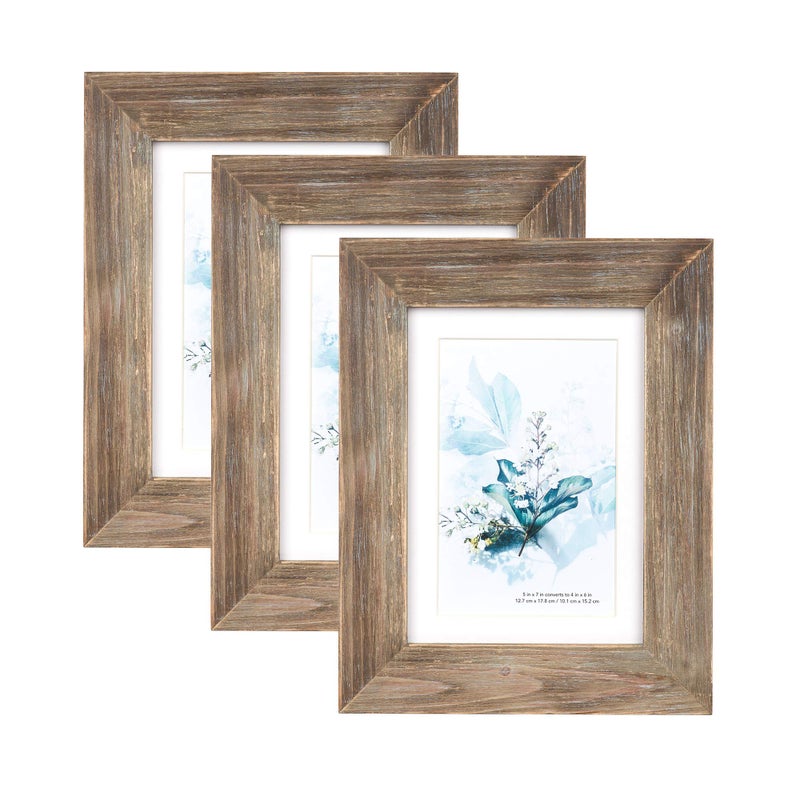 KAIWIN 100% Solid Wood Brown 5x7 Picture Frame 3 Pack - Display Picture 4x6 with Mat, HD Glass Inside, Rustic Wooden Photo Frames for Table Top and Wall Mounting - Image 2